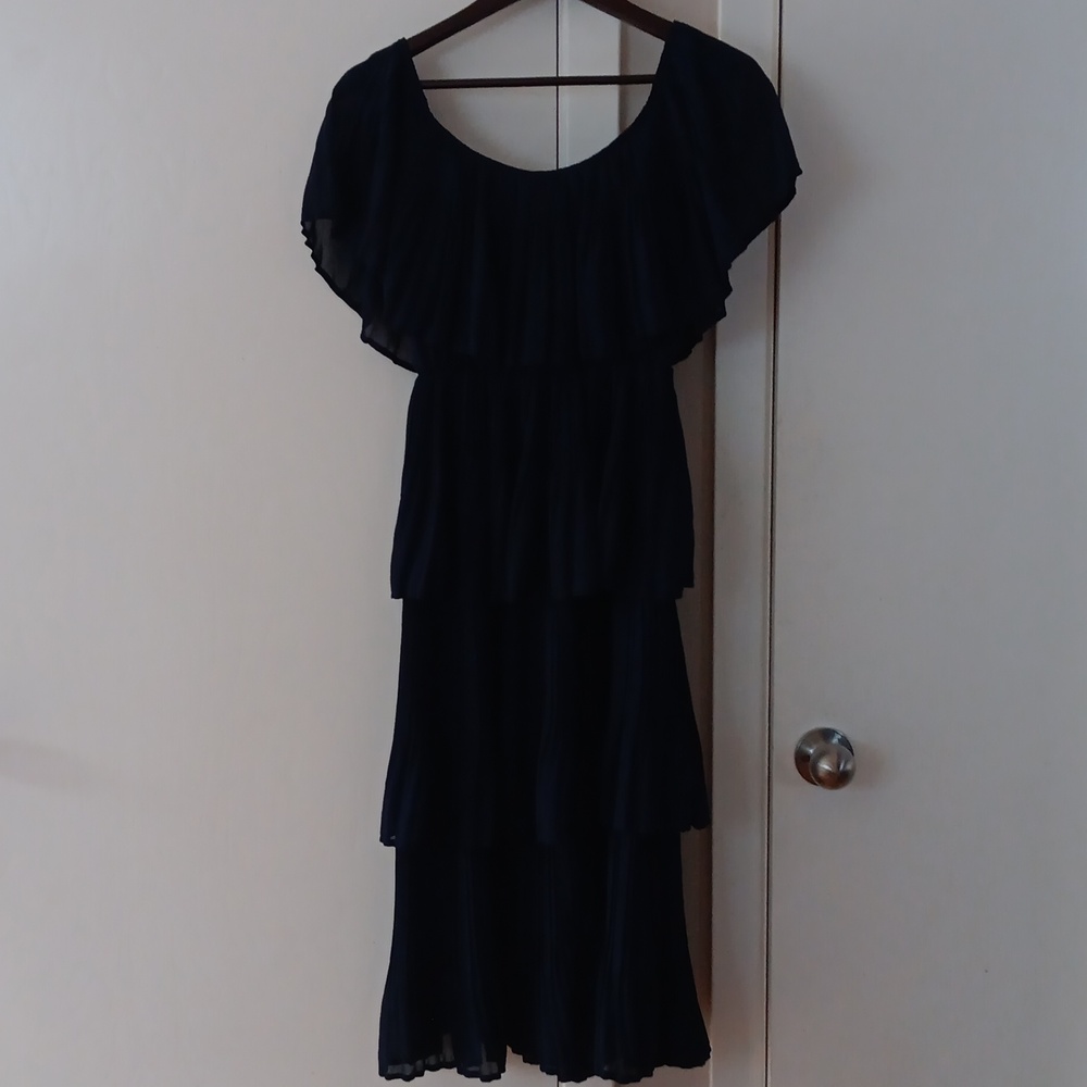 Just Me Navy Off The Shoulder Ruffles Chiffon Dress